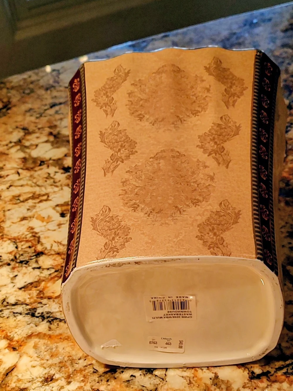 Croscill Brown, Cream and Gold Ceramic Wastebasket with Damask Trim